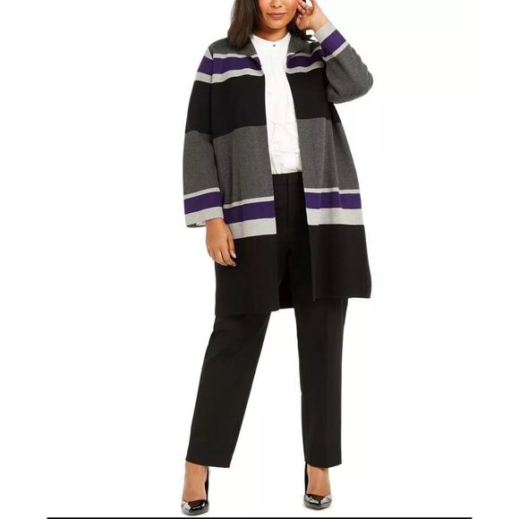 Calvin Klein Open Front Long Cardigan 2X Gray Purple Black Color Block Stripes - Picture 10 of 11